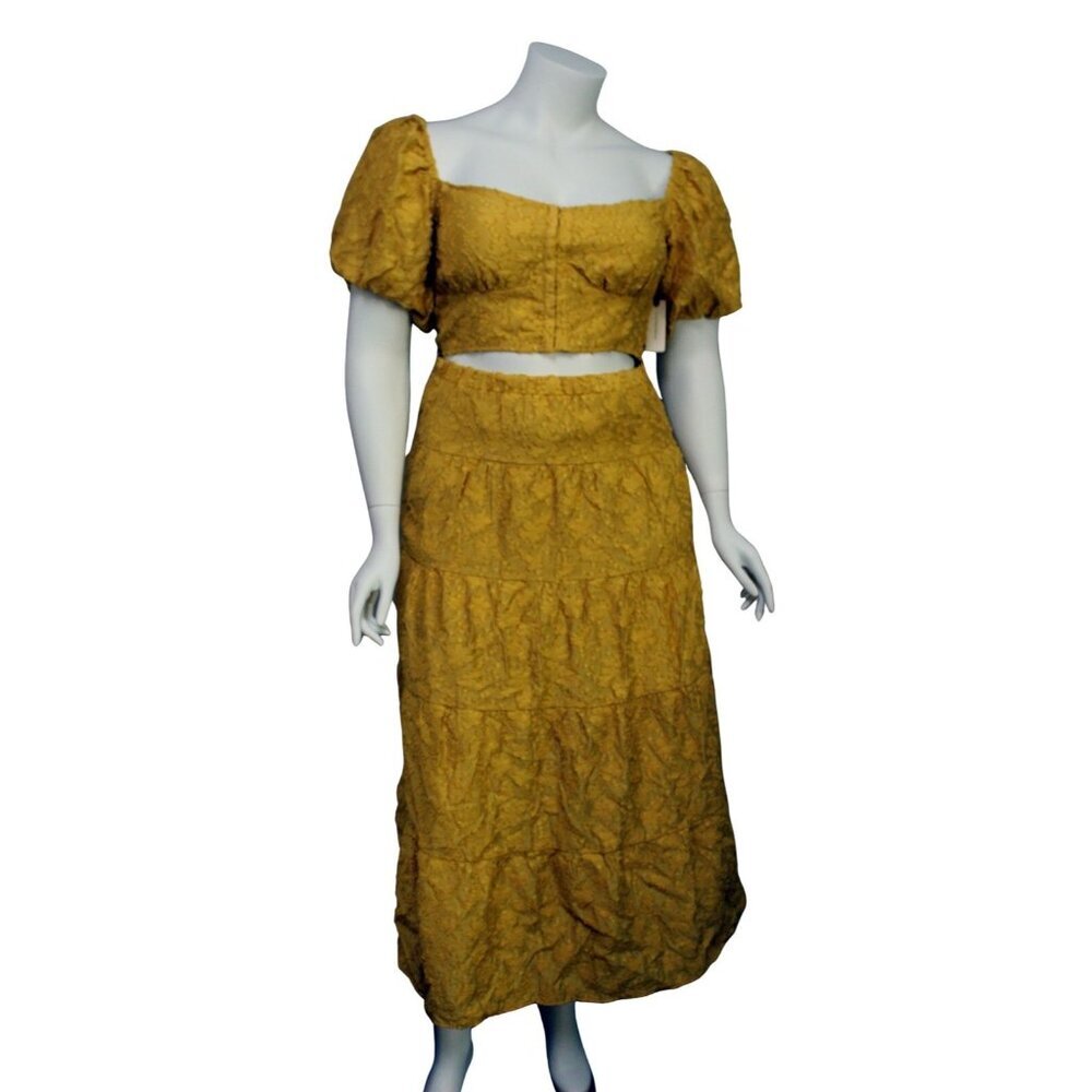 Anthropologie Textured Yellow Floral Lined Maxi Skirt Crop Top Set Size 14 NWT
